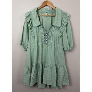 Free People Elora Pleated Ruffle Mini Dress S Window pane Mermaid Tail Green